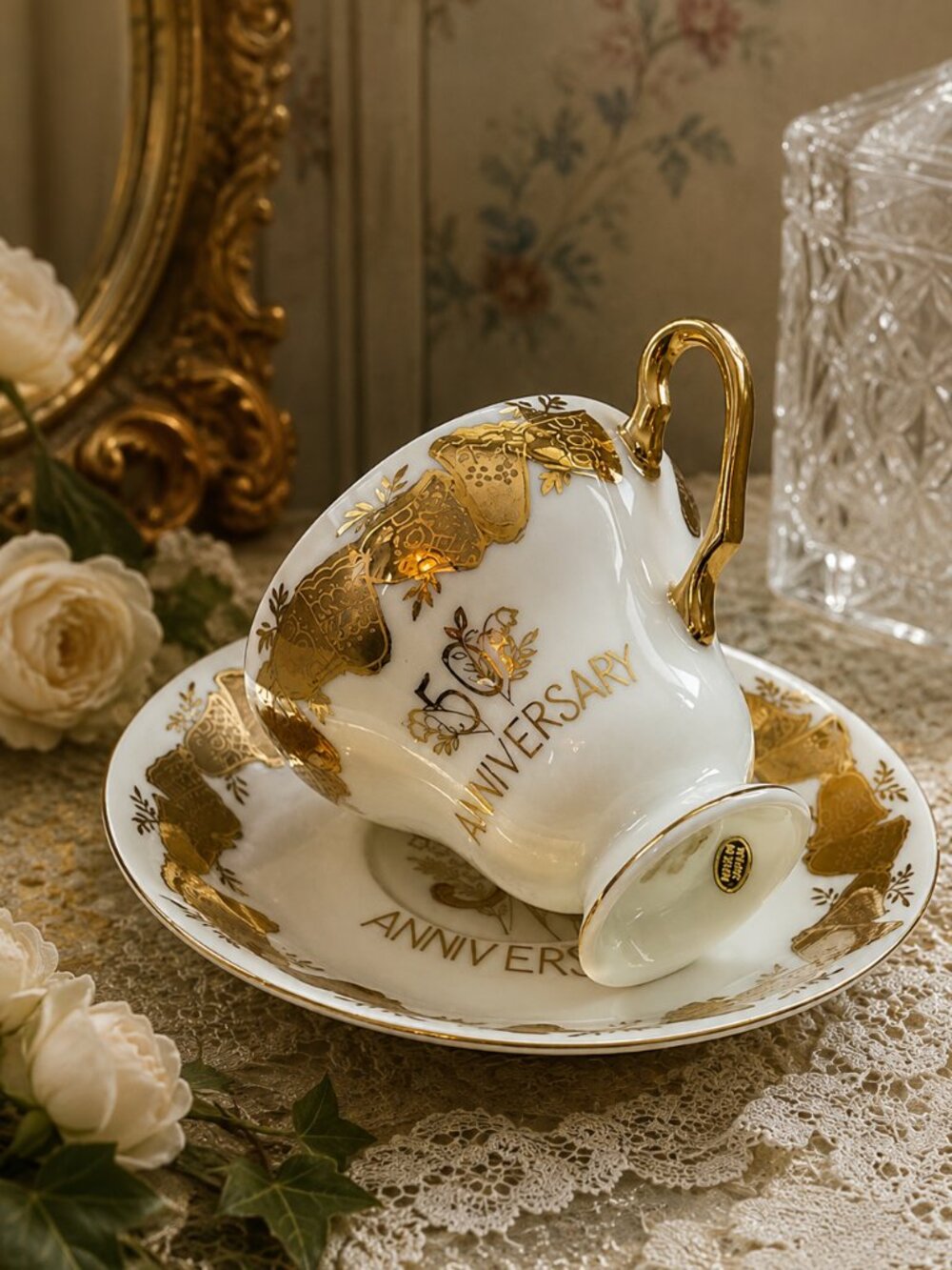 Vintage Norcrest Japan Golden 50th Anniversary Tea Cup & Saucer Set